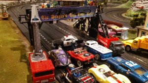 Traffic was stopped momentarily while the race banner was hung.